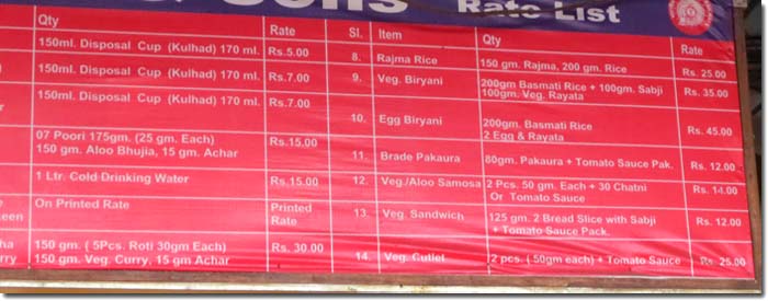 Precios de bebidas y comidas en un puesto de la estación de tren de Varanasi