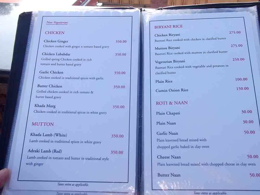 Carta restaurante Jdhpur